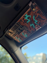 Load image into Gallery viewer, Aztec Leather Car Sun Visor Organizer – Western Tooled Aztec Registration, Card & Sunglasses Holder