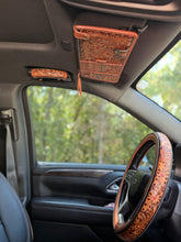 Load image into Gallery viewer, High Country Leather Car Sun Visor Organizer – Western Tooled Aztec Registration, Card & Sunglasses Holder