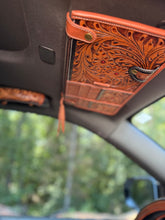 Load image into Gallery viewer, High Country Leather Car Sun Visor Organizer – Western Tooled Aztec Registration, Card & Sunglasses Holder