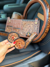 Load image into Gallery viewer, High Country Leather Car Sun Visor Organizer – Western Tooled Aztec Registration, Card & Sunglasses Holder