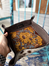Load image into Gallery viewer, Sunflower Tooled Leather Tray – Large Cowhide Catchall
