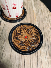Load image into Gallery viewer, Red Floral Tooled Drink Coasters- 4 Piece