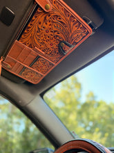 Load image into Gallery viewer, High Country Leather Car Sun Visor Organizer – Western Tooled Aztec Registration, Card & Sunglasses Holder