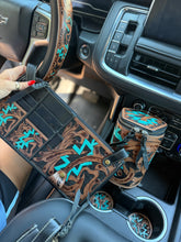 Load image into Gallery viewer, Aztec Leather Car Sun Visor Organizer – Western Tooled Aztec Registration, Card &amp; Sunglasses Holder
