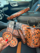 Load image into Gallery viewer, Blue Sky Country Tooled Leather Car Accessories Bundle 15” Standard
