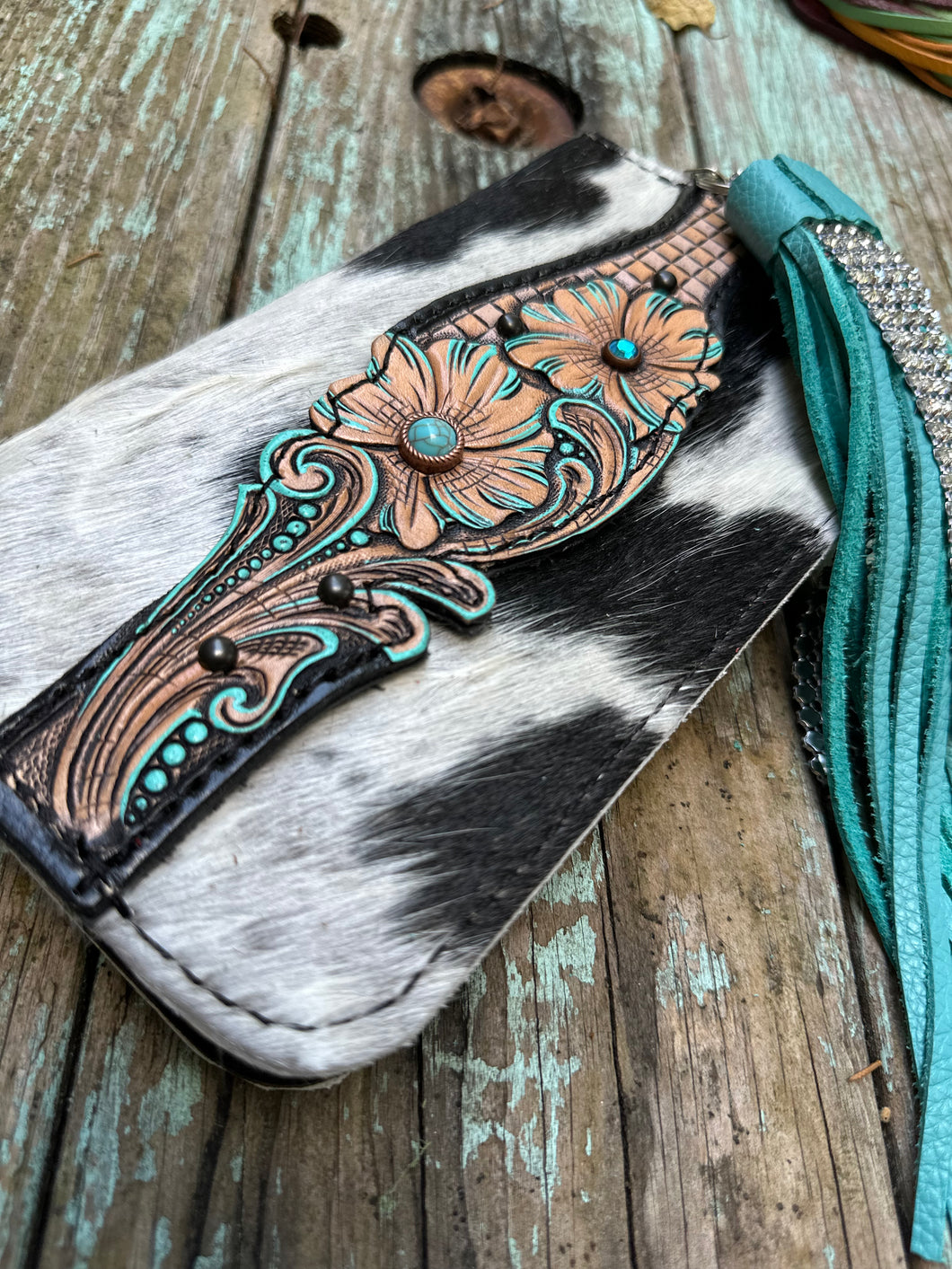Extra Large Wallet Tooled Clutch Turquoise