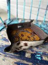Load image into Gallery viewer, Sunflower Tooled Leather Tray – Large Cowhide Catchall
