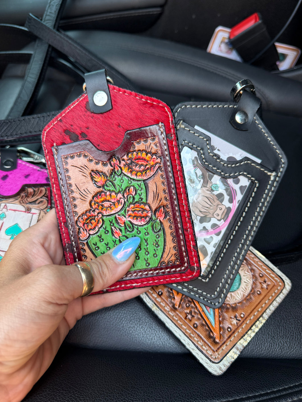 Red Leather Cactus Lanyard – ID + Card Holder