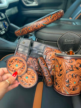 Load image into Gallery viewer, Sky Country Leather Car Sun Visor Organizer – Western Tooled Aztec Registration, Card &amp; Sunglasses Holder
