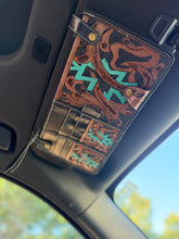 Load image into Gallery viewer, Aztec Leather Car Sun Visor Organizer – Western Tooled Aztec Registration, Card &amp; Sunglasses Holder
