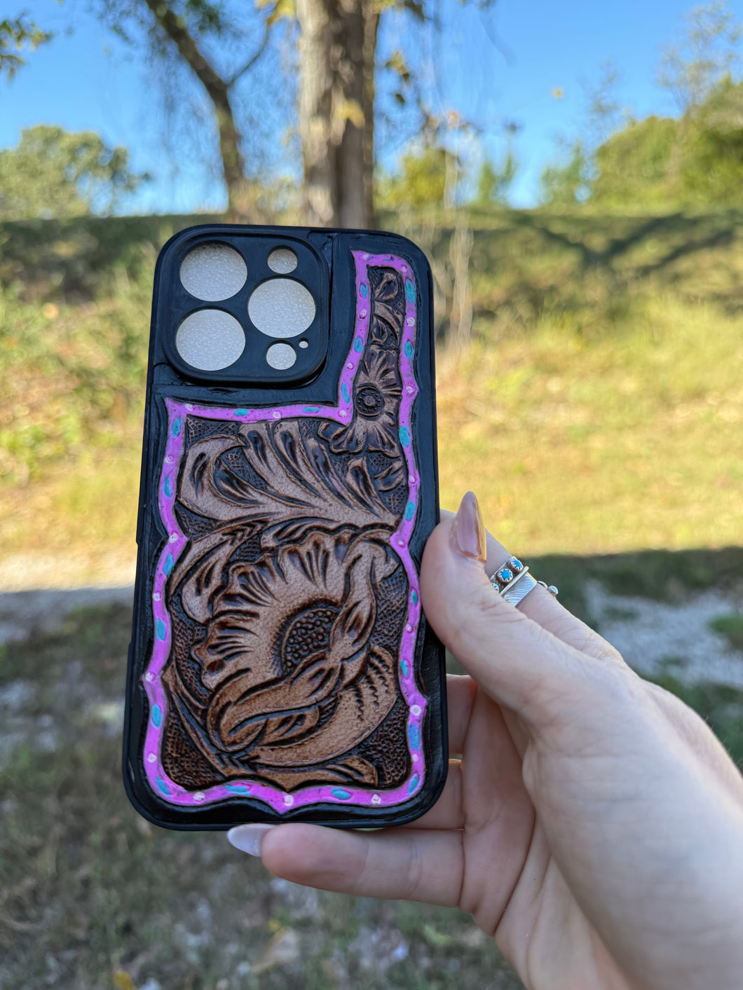 Pink Floral Tooled Phone Case