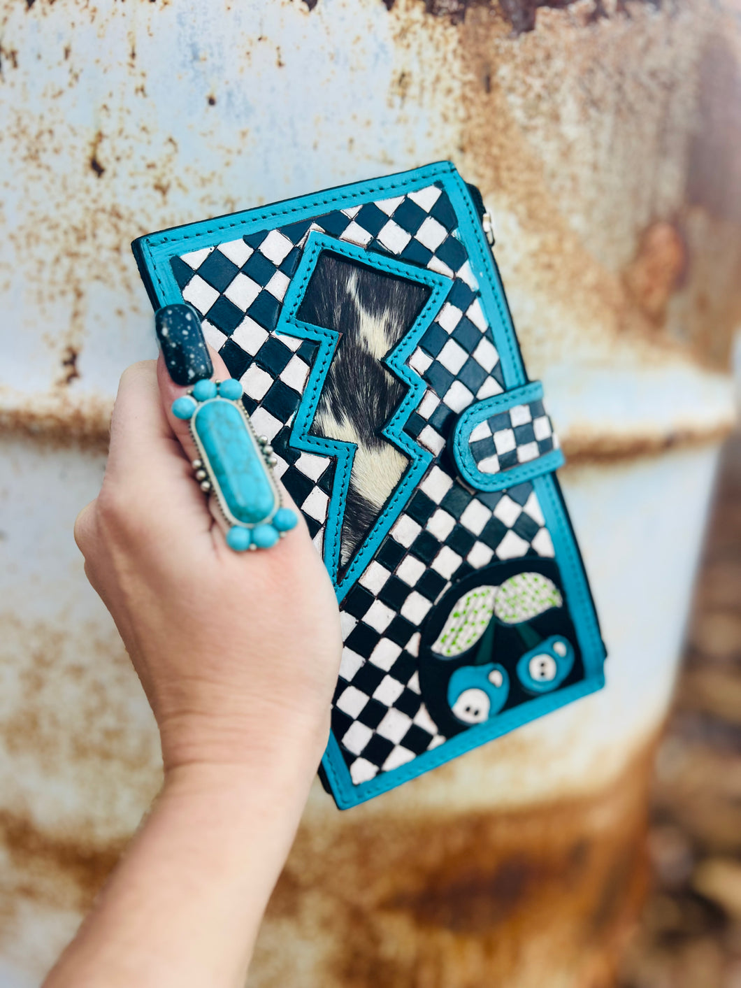 Turquoise Lighting Bolt and Checkers Long Wallet