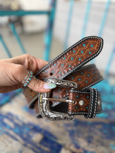 Load image into Gallery viewer, Turquoise Sunburst Tooled Belt
