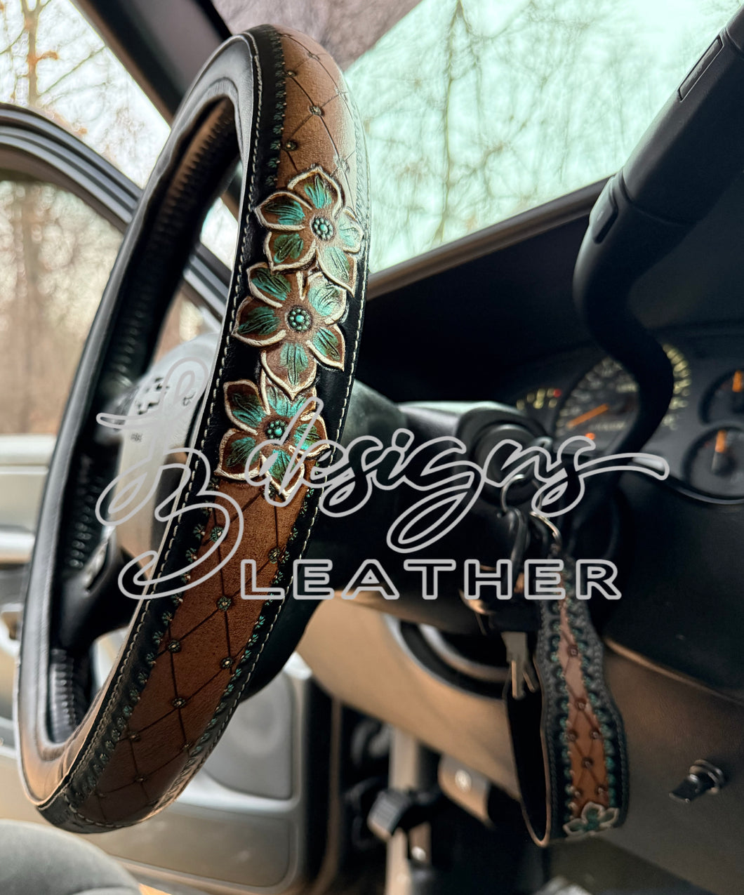 Turquoise Blossom Steering Wheel Cover