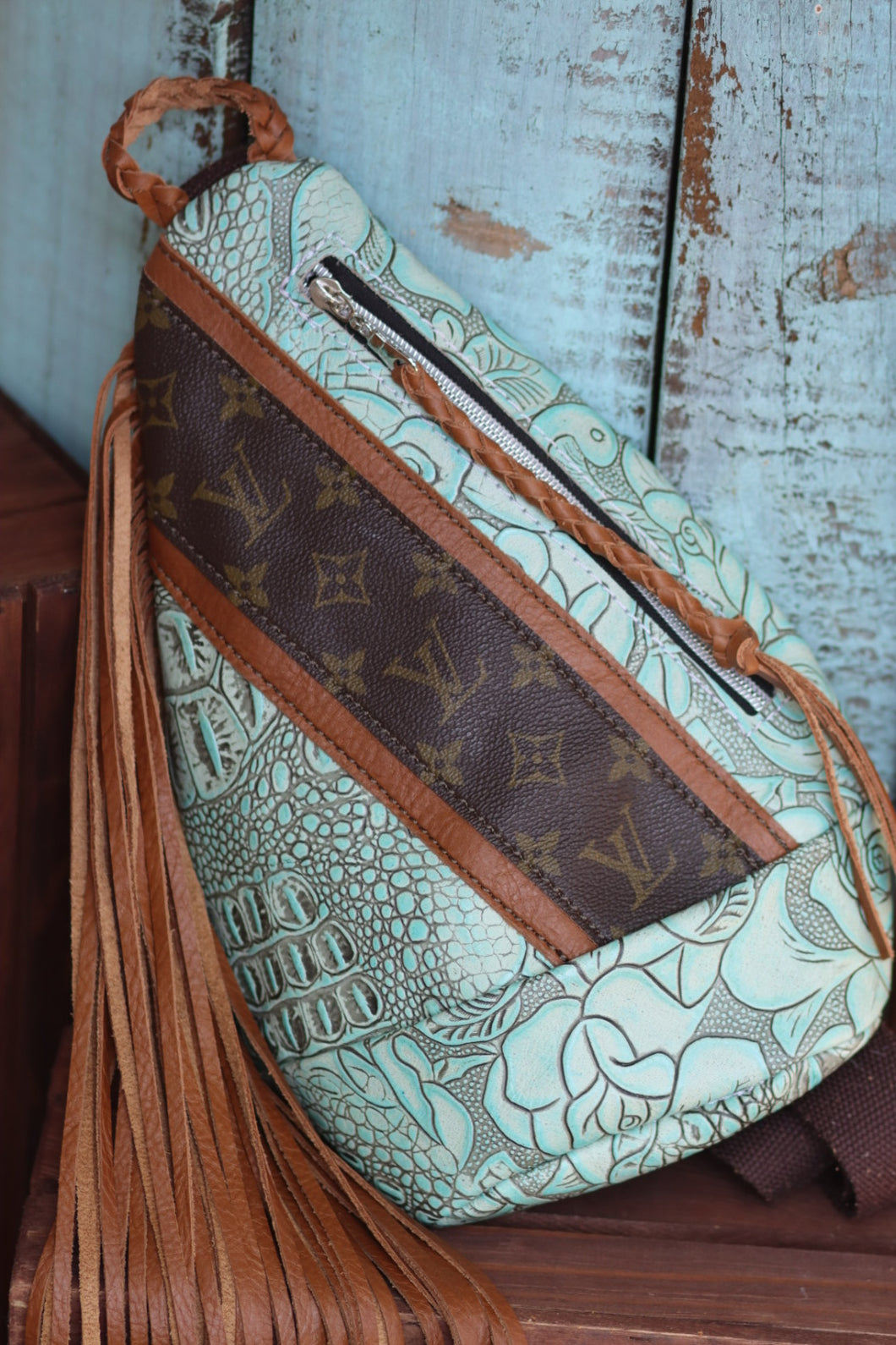 LV Turquoise Roses Croc Sling