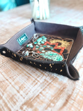 Load image into Gallery viewer, Sunflower Leopard Aztec Tooled Leather Tray – Large Cowhide Catchall

