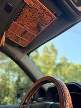 Load image into Gallery viewer, High Country Leather Car Sun Visor Organizer – Western Tooled Aztec Registration, Card &amp; Sunglasses Holder
