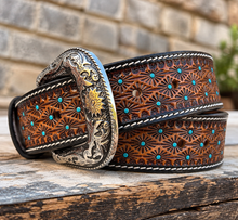 Load image into Gallery viewer, Turquoise Sunburst Tooled Belt

