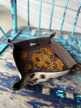 Load image into Gallery viewer, Sunflower Tooled Leather Tray – Large Cowhide Catchall
