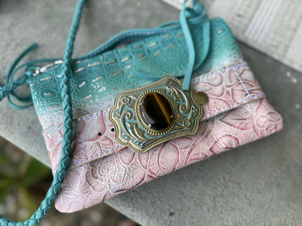 Pink Roses Turq Croc buckle Bend & Snap