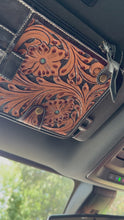 Load and play video in Gallery viewer, Sky Country Leather Car Sun Visor Organizer – Western Tooled Aztec Registration, Card &amp; Sunglasses Holder

