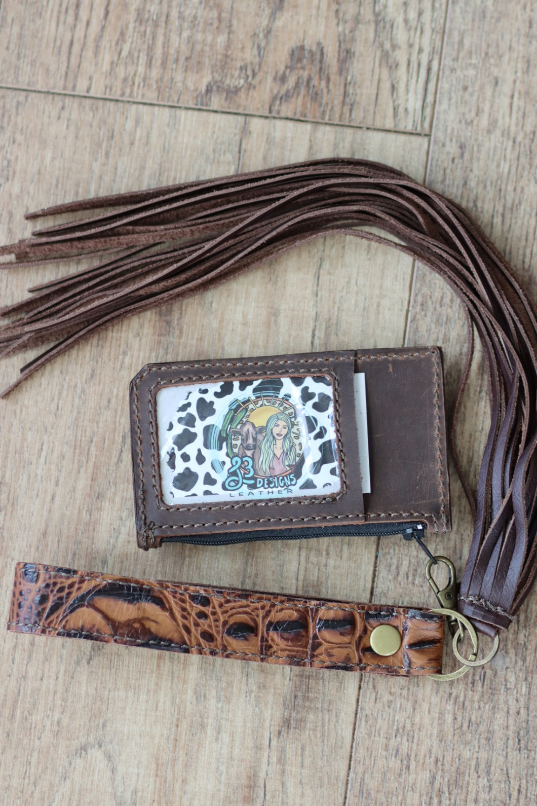 Saddle Leather and Croc Cardholder Wristlet with ID Slot