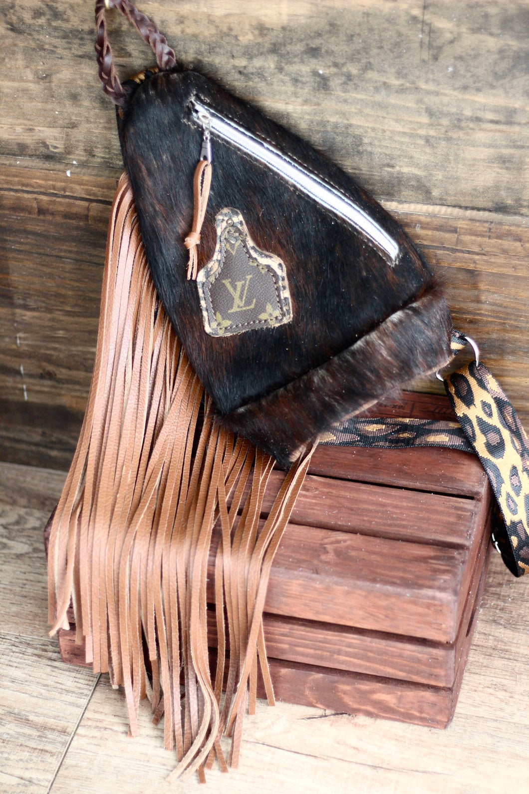 Dark Brindle LV Cow Tag Sling Body Bag