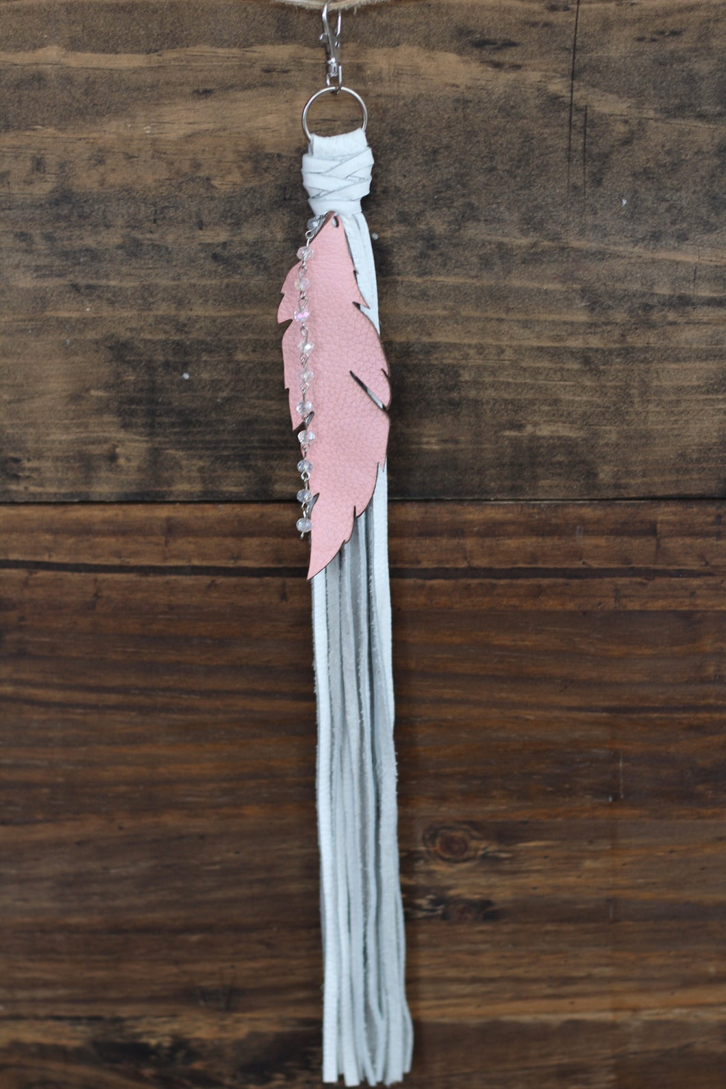 White with Bubble Gum Pink Feather Tag Tassel Clip