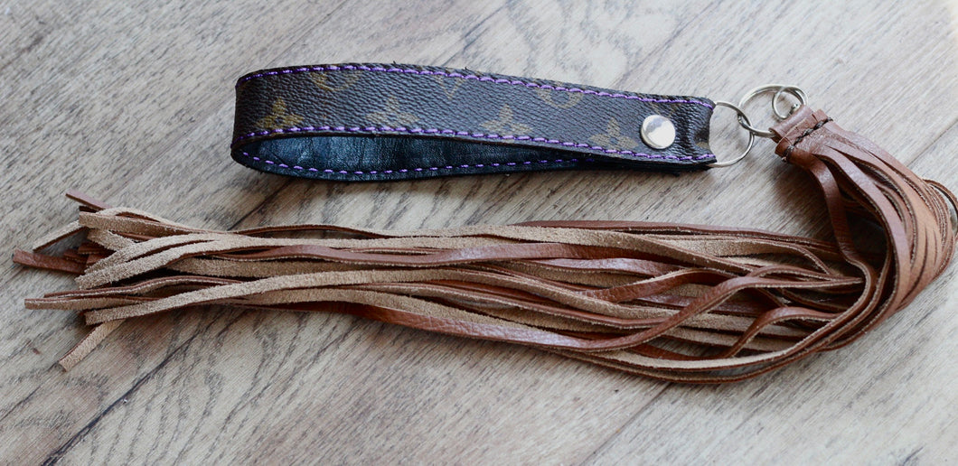 Repurposed LV, Purple Stitching, Tan Fringe Cowgirl Keychain