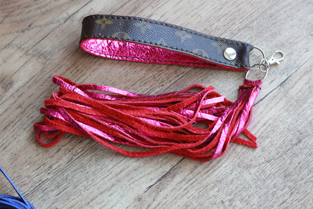Repurposed LV and Metallic Pink Fringe Cowgirl Keychain