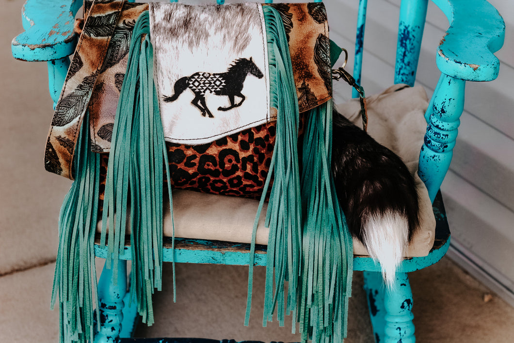 Horse Aztec Engraved with Leopard/Feathers Reba with a Flap