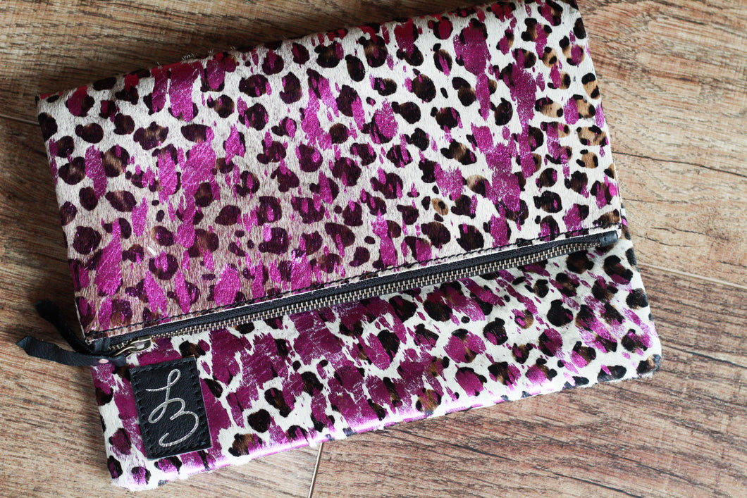 Pink/Purple Acid Wash Leopard Lᴀʀɢᴇ Fold Over Purse Organizer